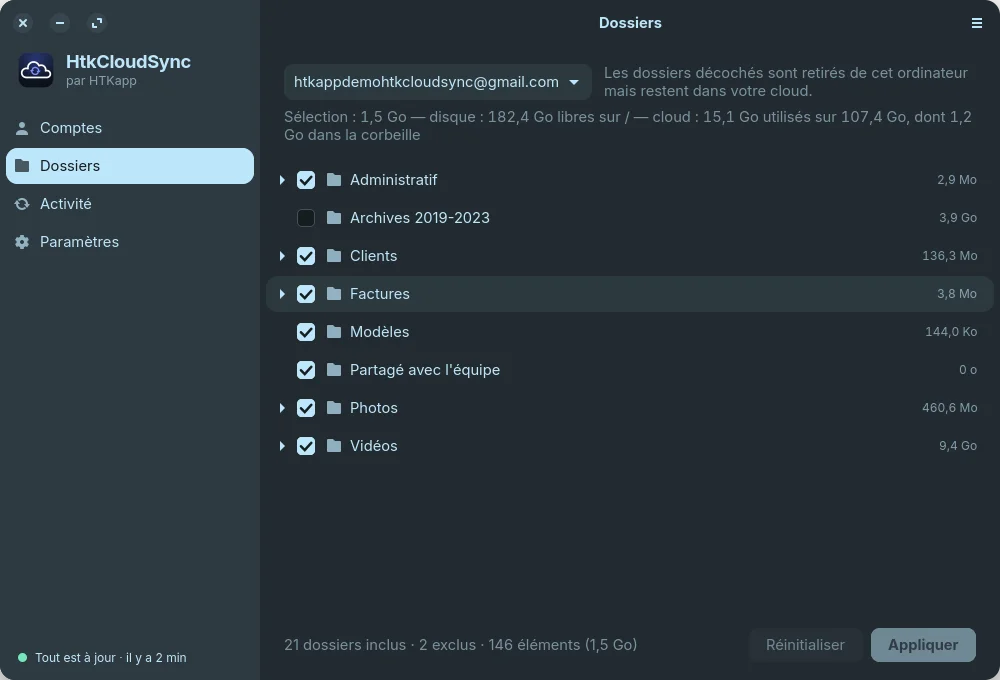 La sélection des dossiers synchronisés