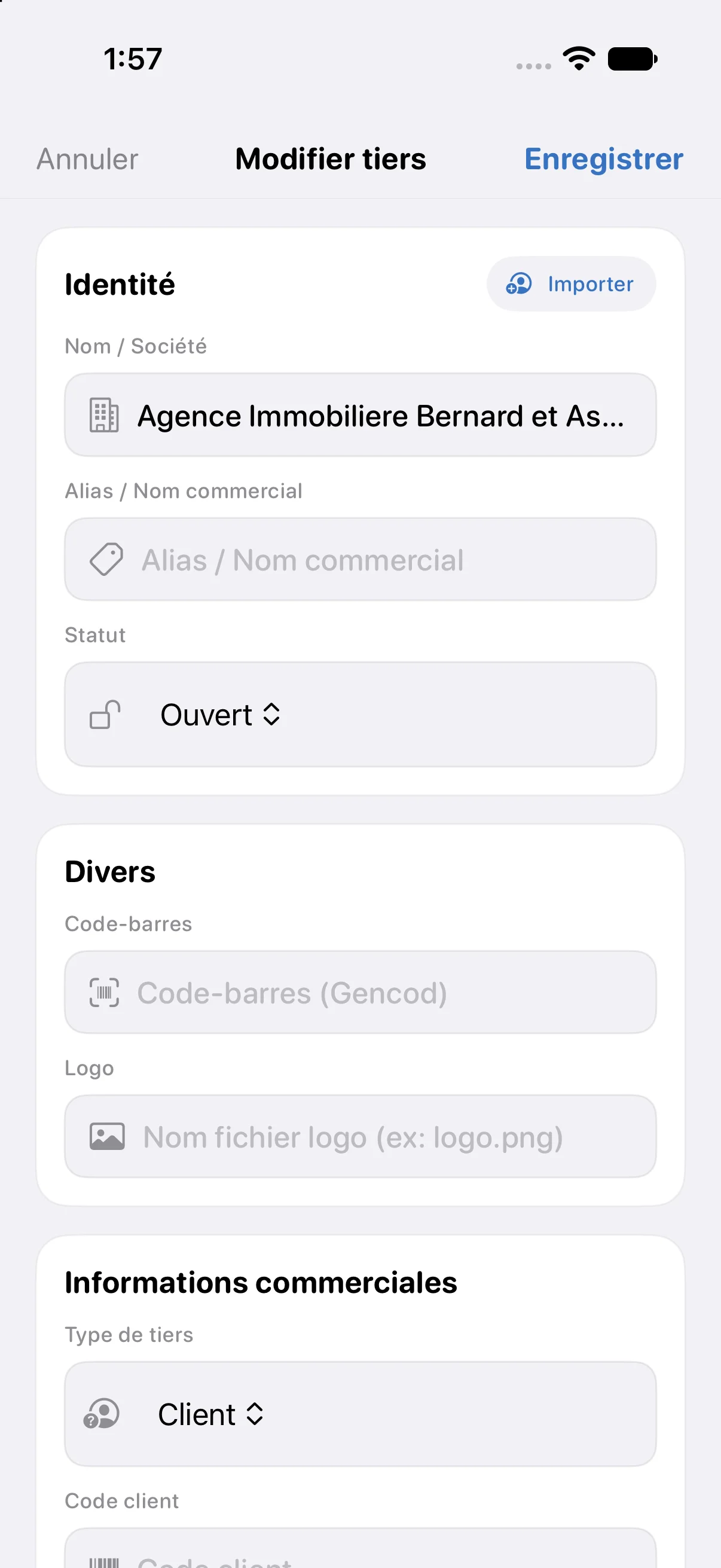 Formulaire de création d'un tiers
