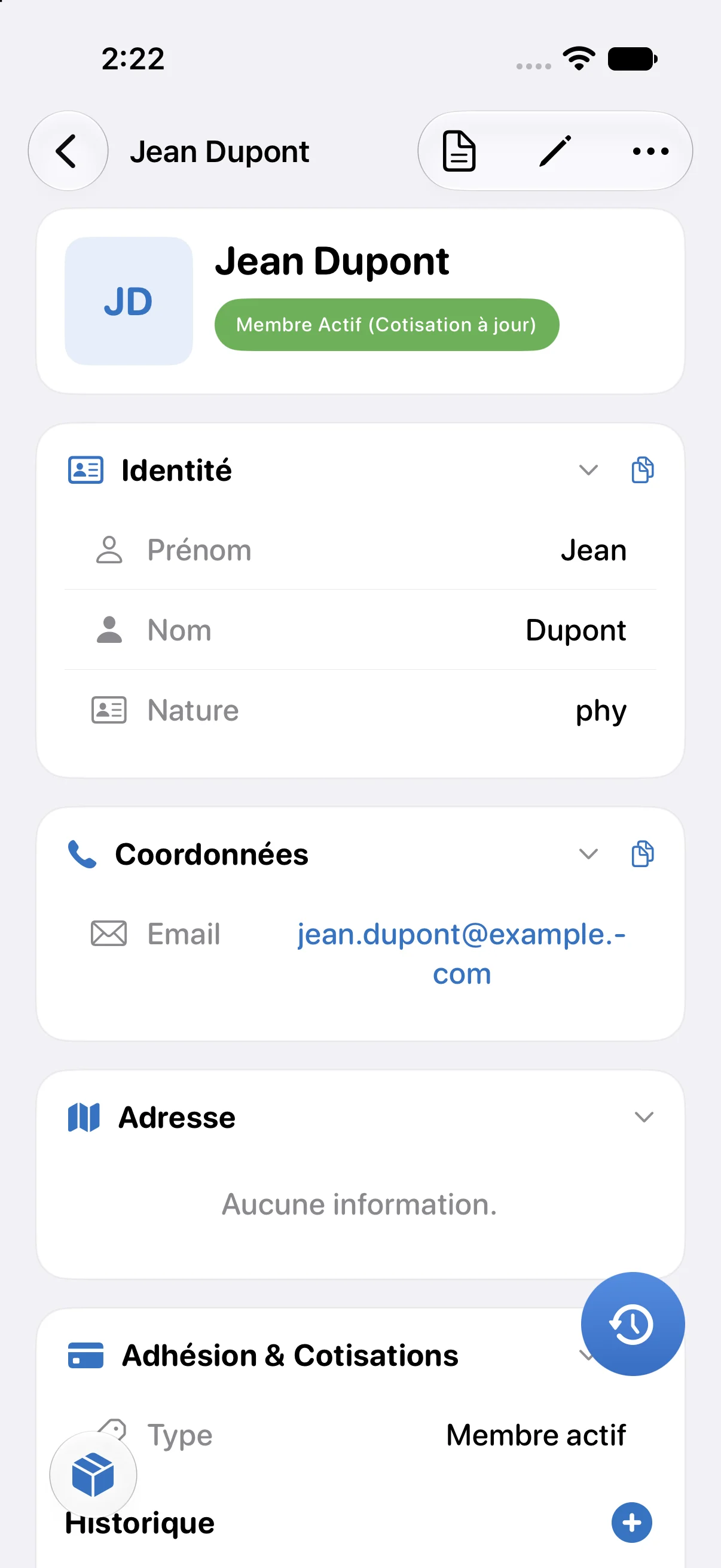 Fiche d'adhérent et cotisations