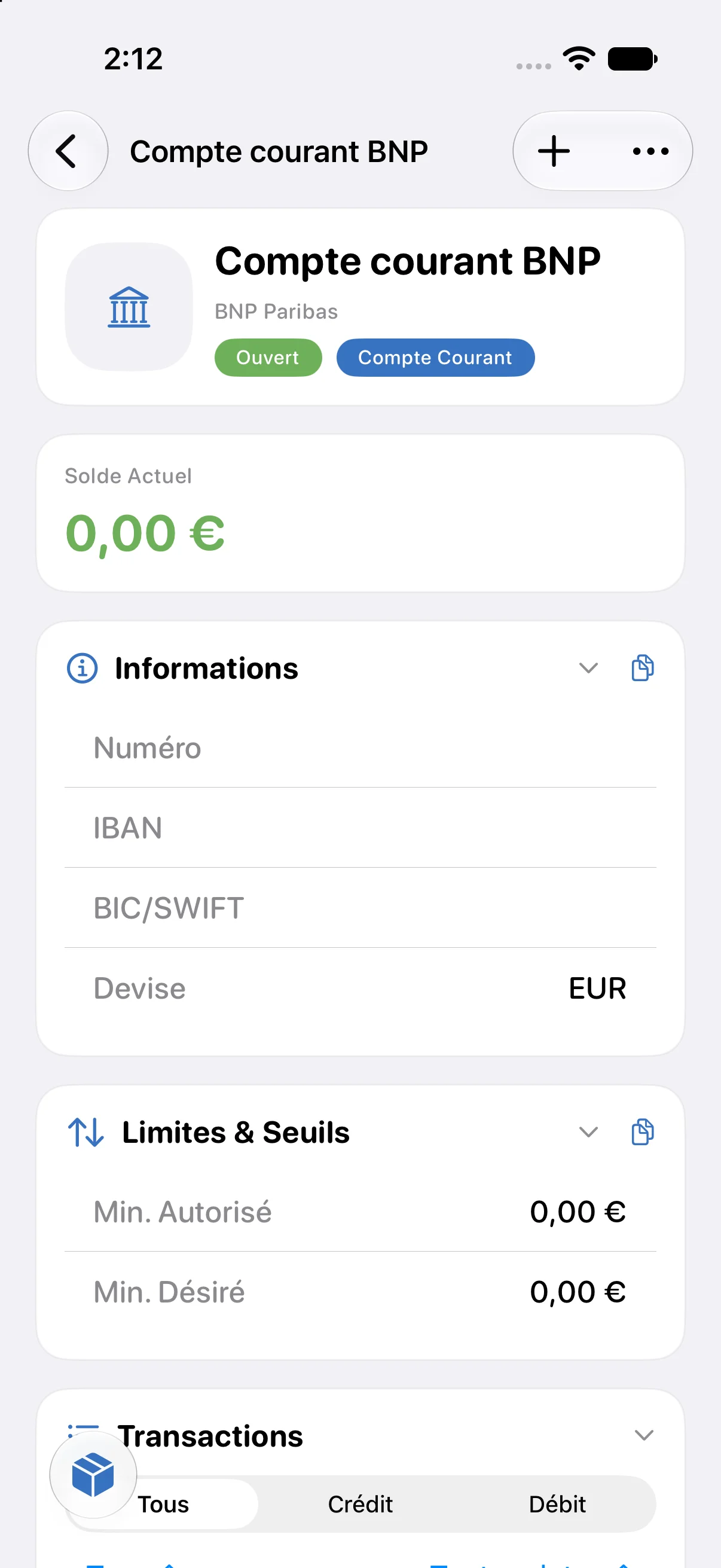 Fiche de compte et transactions