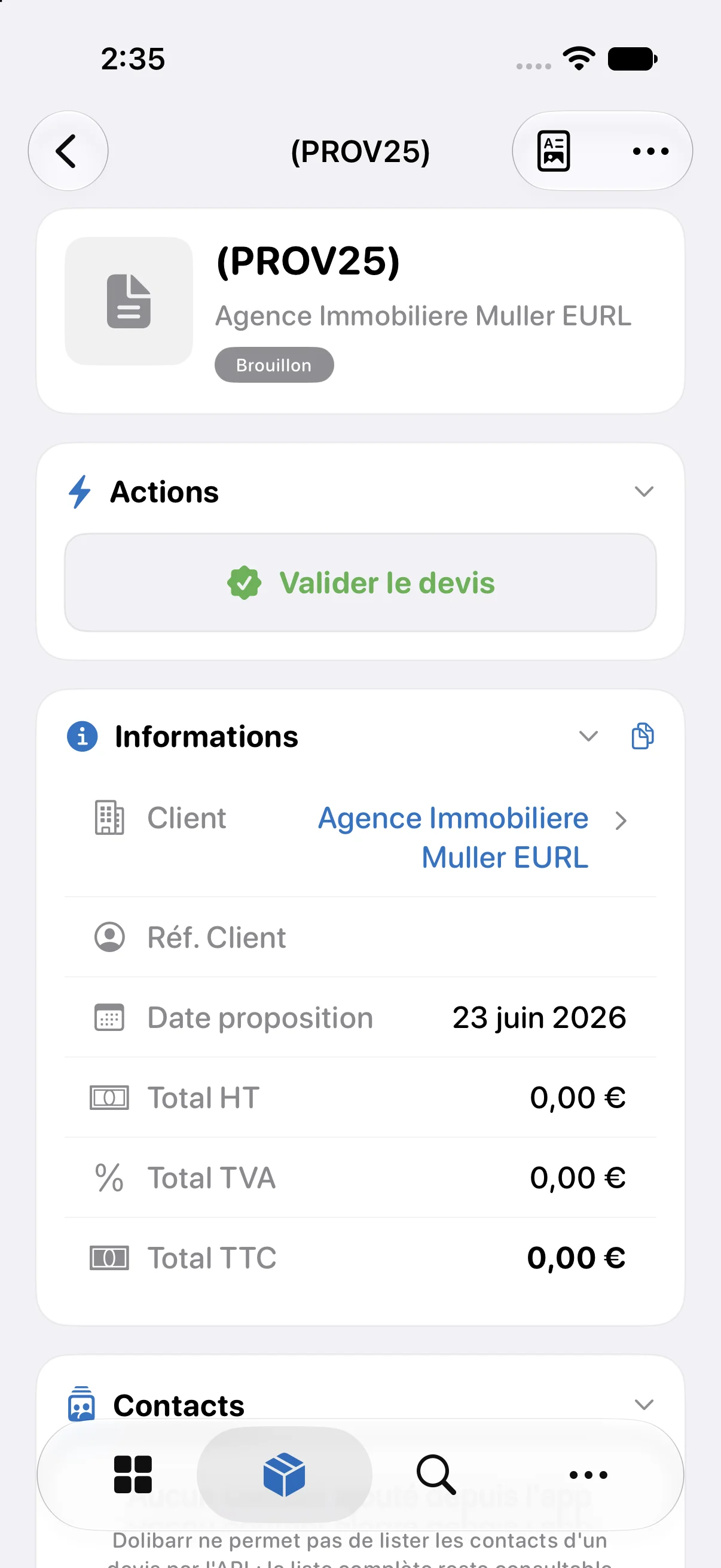 Fiche d'un devis : valider