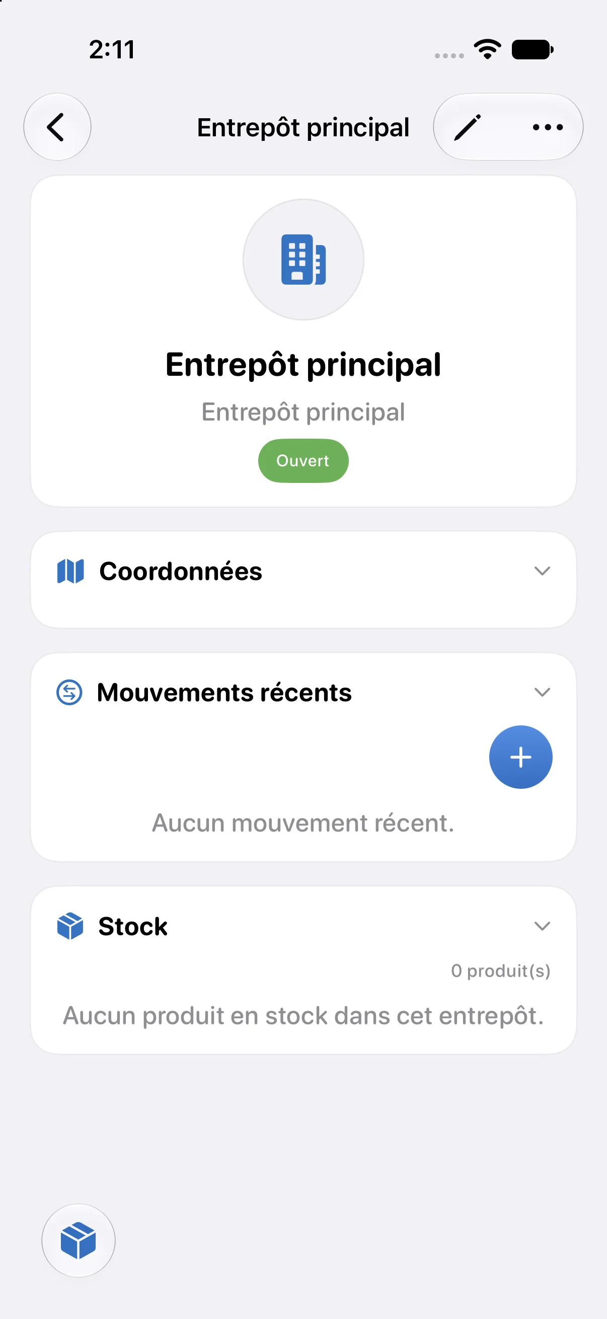 Fiche d'entrepôt et mouvements de stock