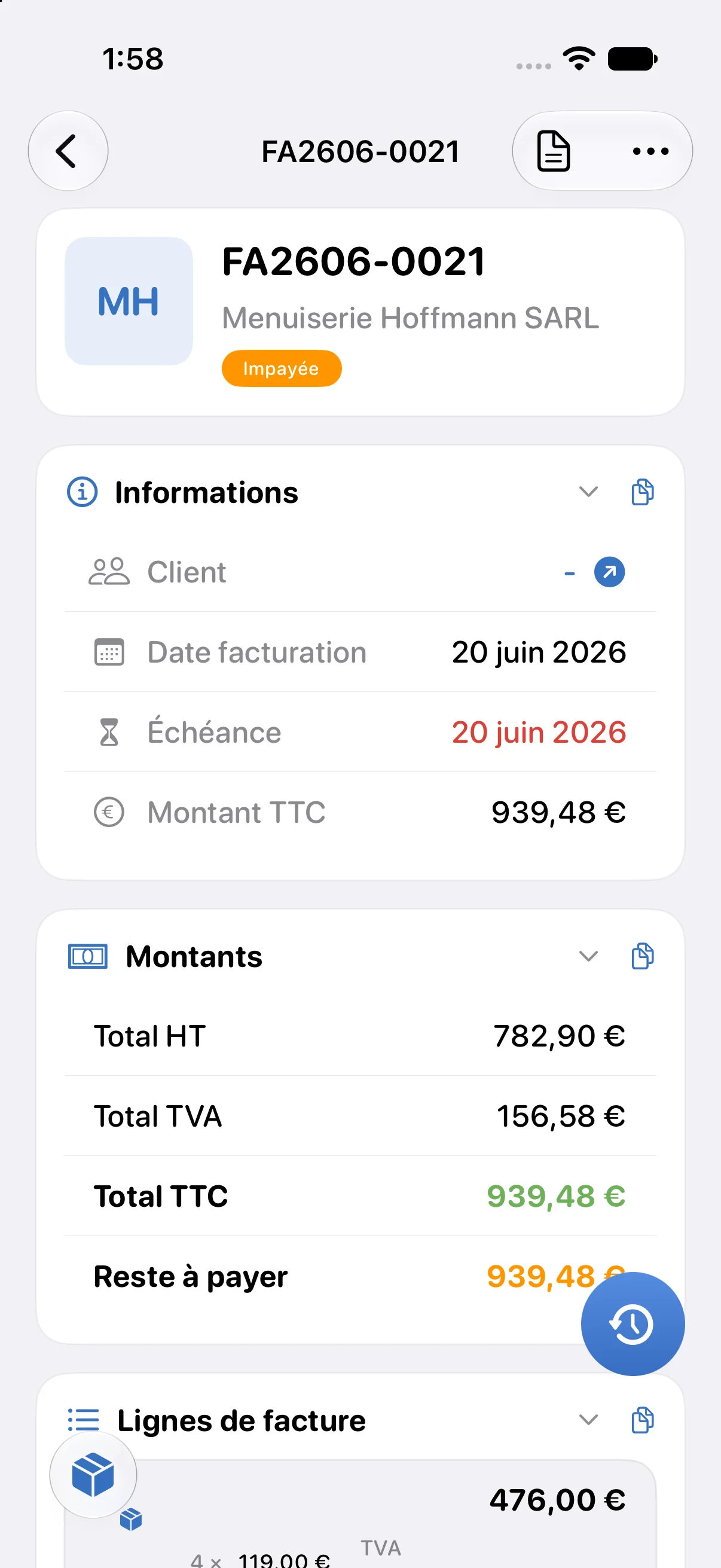 Fiche d'une facture client