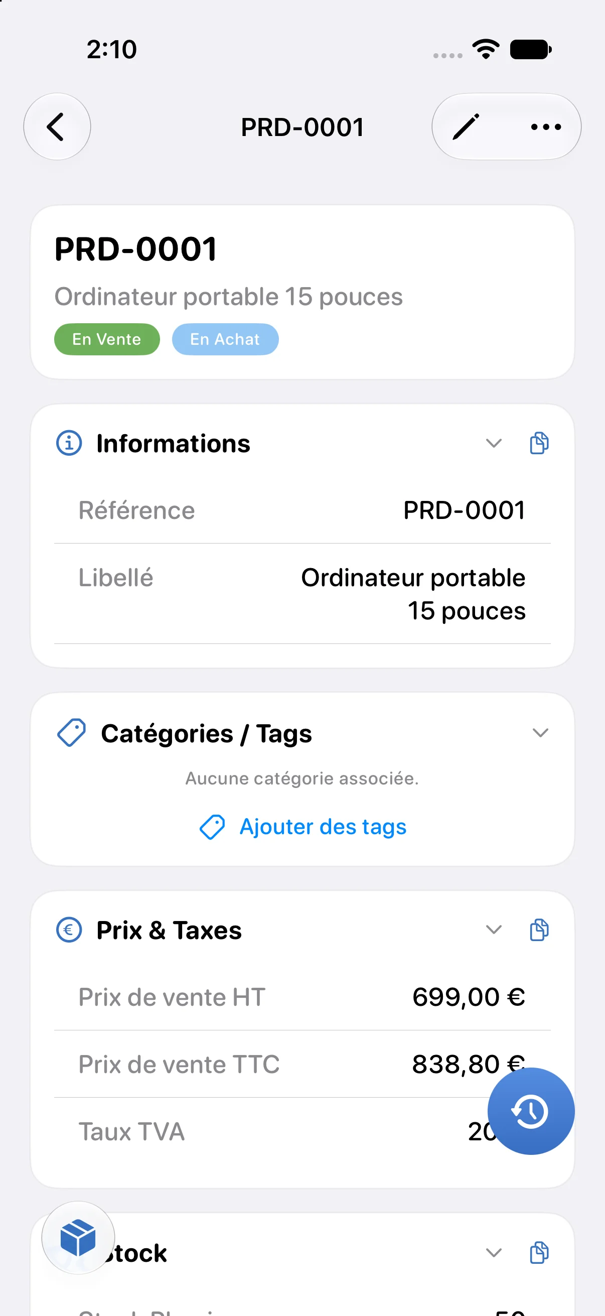 Fiche produit : prix, TVA, stock
