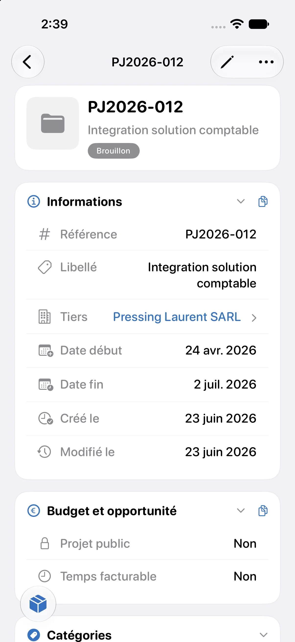 Fiche de projet : dates et budget