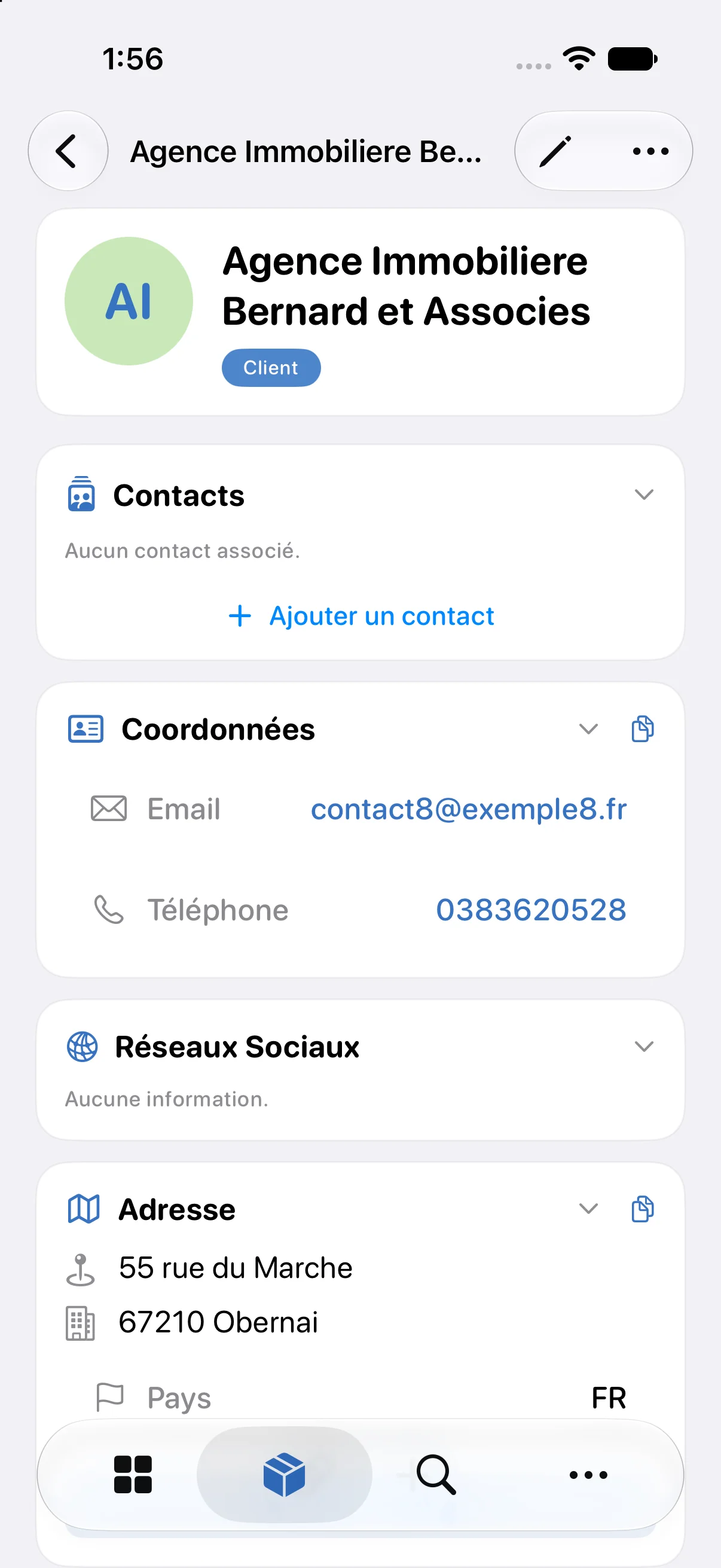 Fiche d'un tiers : coordonnées et contacts