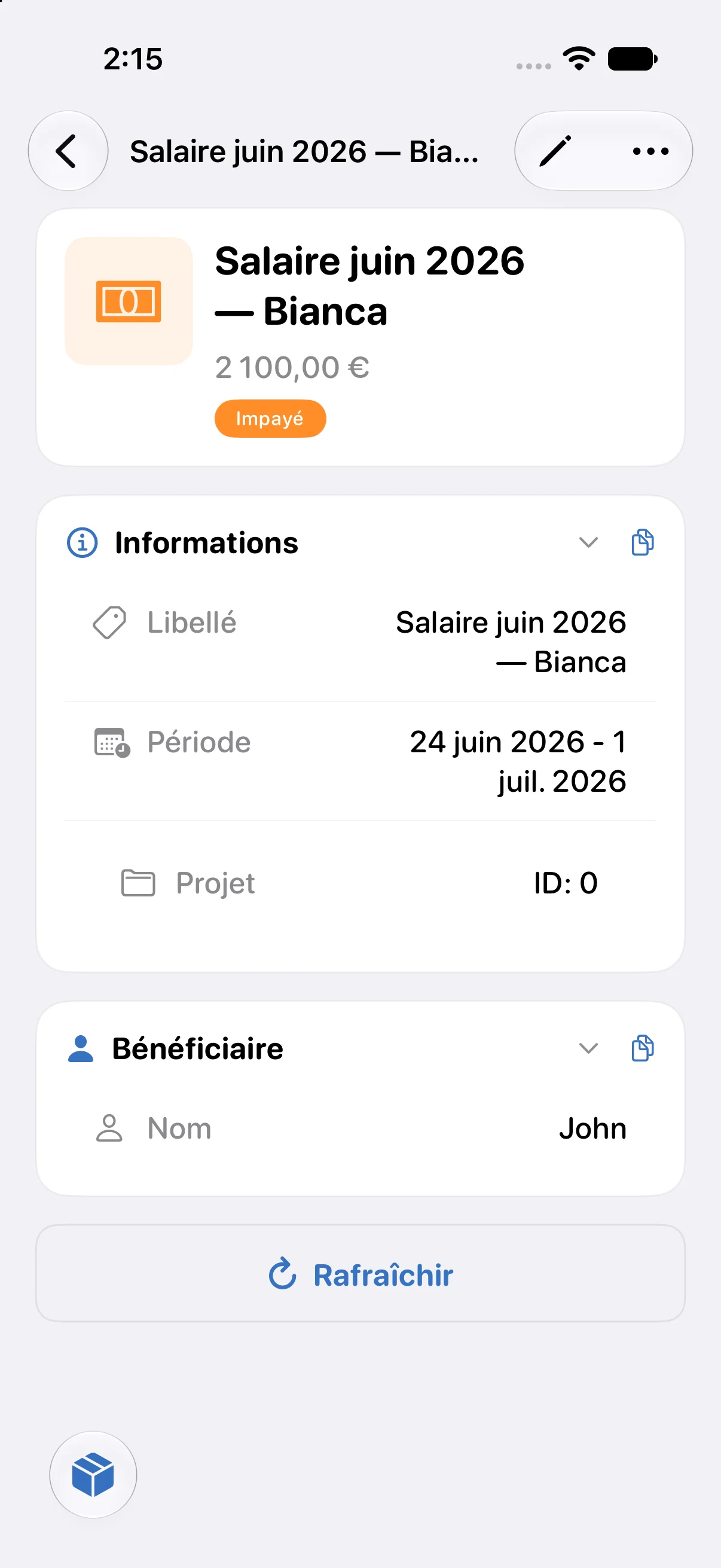 Fiche d'un versement