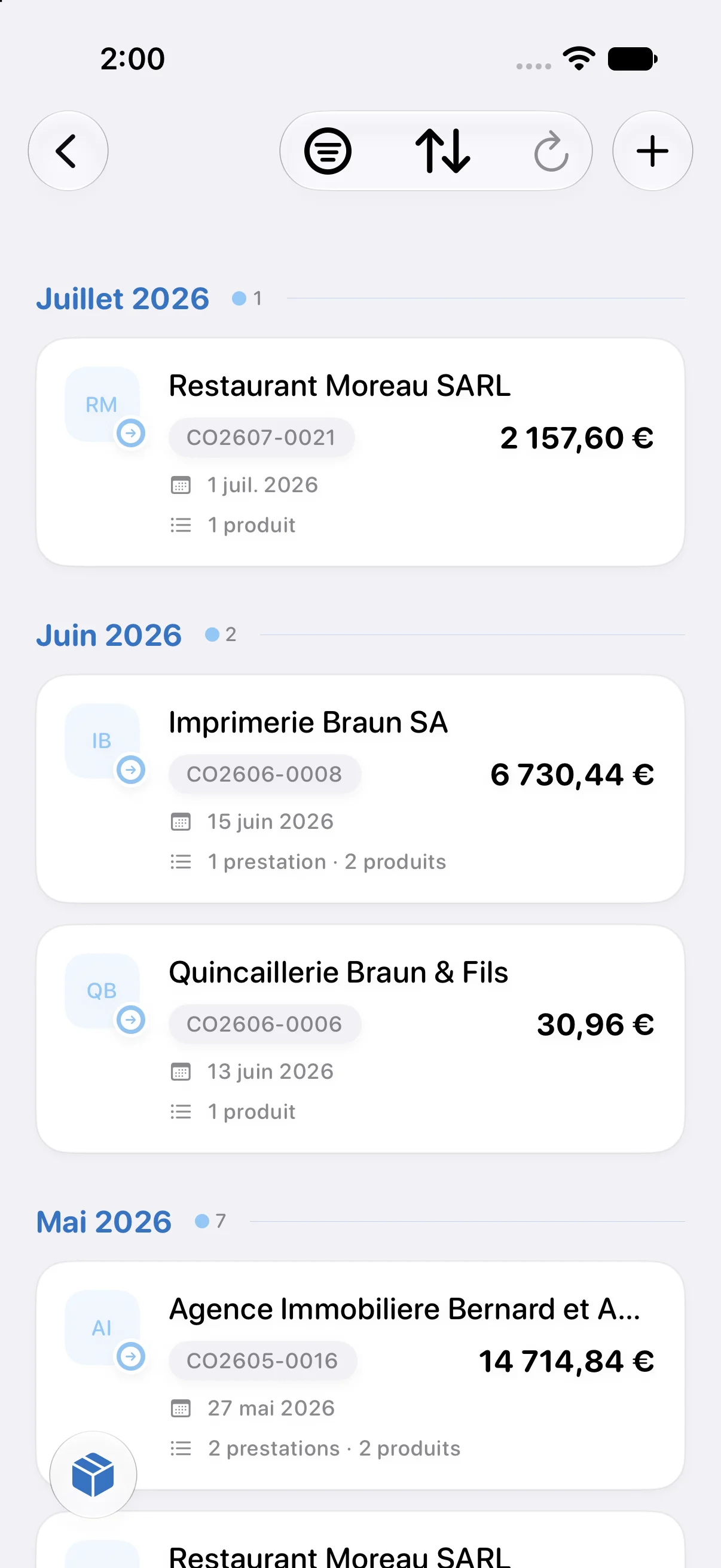 Liste des commandes clients