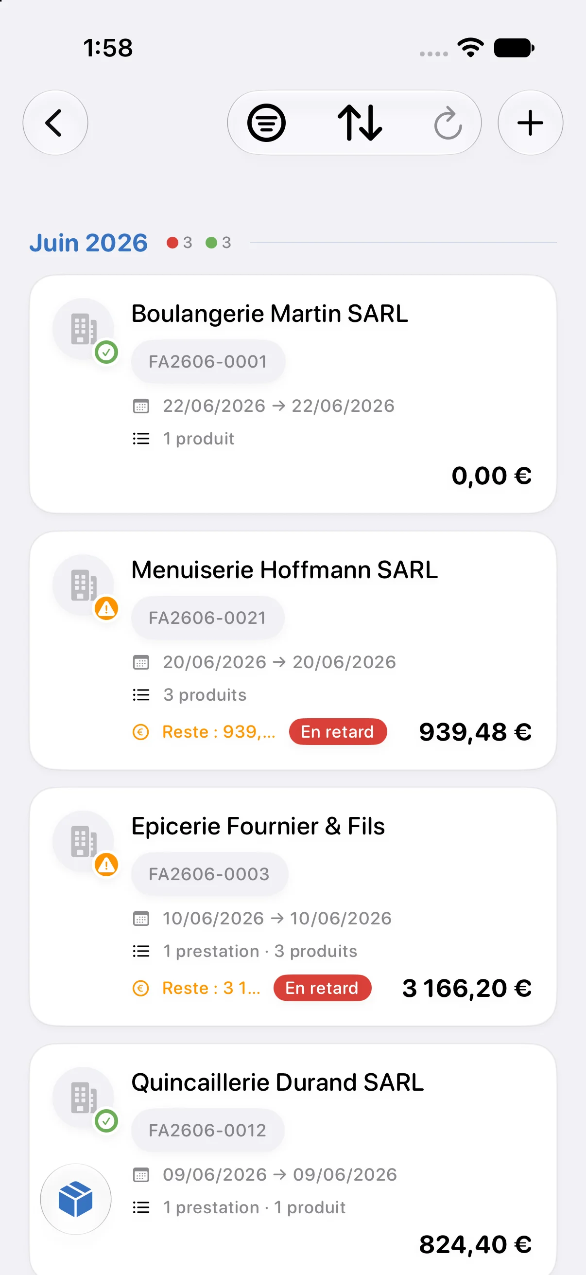 Liste des factures clients
