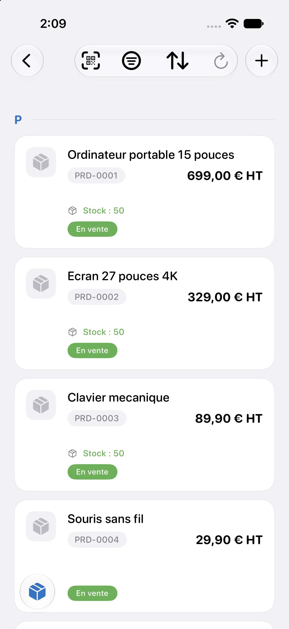 Liste des produits avec stock et prix