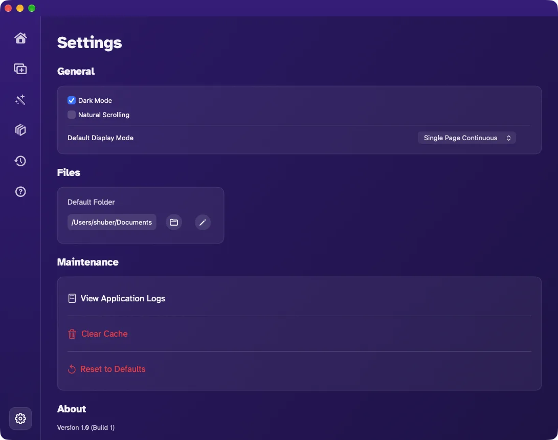 The settings screen