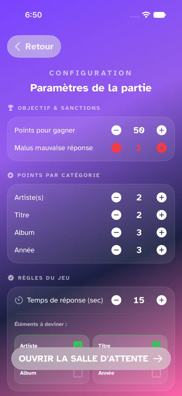 Écran de configuration des options