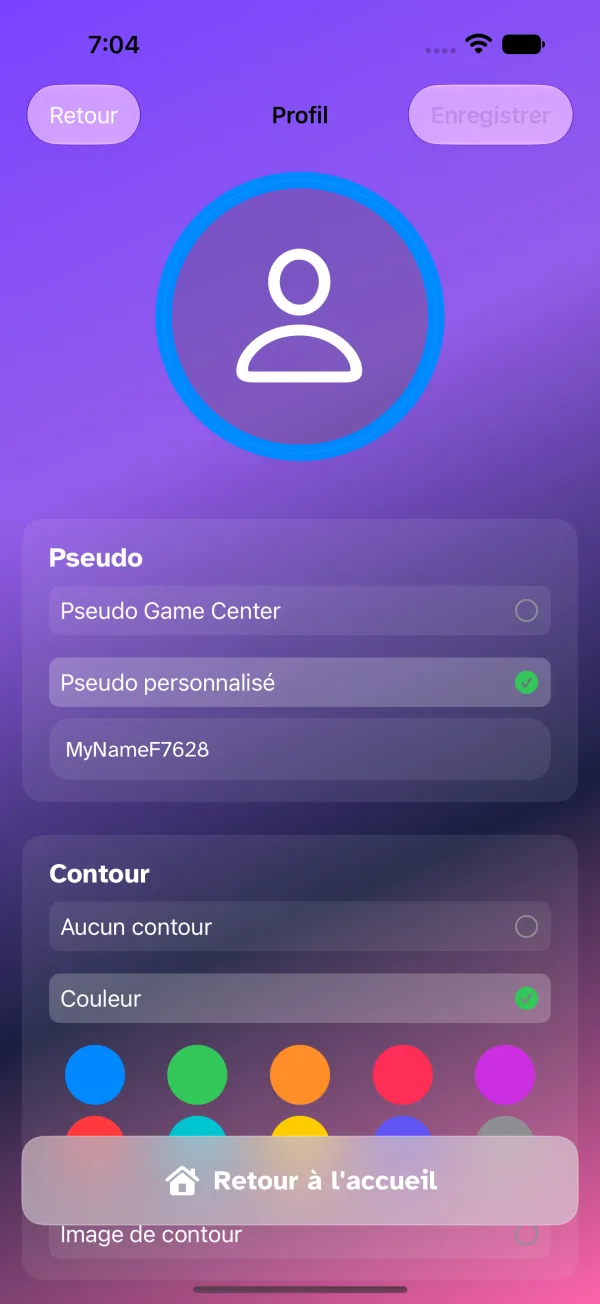 Options de profil avec Game Center